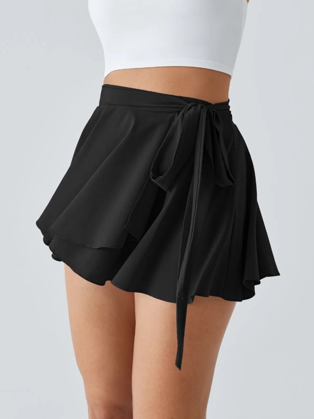 Halara Breezeful High Waisted Tie Side Pocket Micro Mini Flare Wrap Skirt Skort